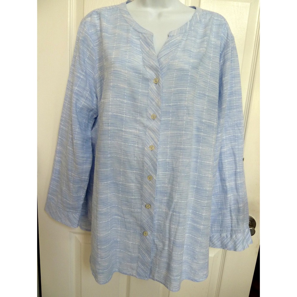 Talbots Plus 2X Collarless Blouse Blue White Square Cotton Button Up Top